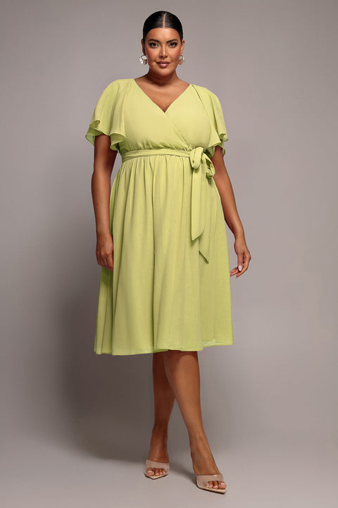 Flutter Sleeve Wrap Midi Dress - Soft Lemon by Goddiva Plus