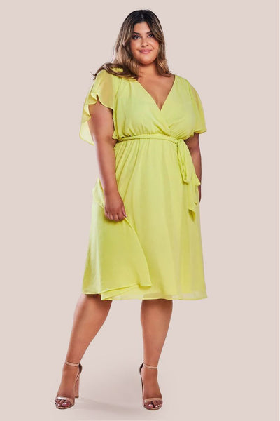 Flutter Sleeve Wrap Midi Dress - Soft Lemon by Goddiva Plus