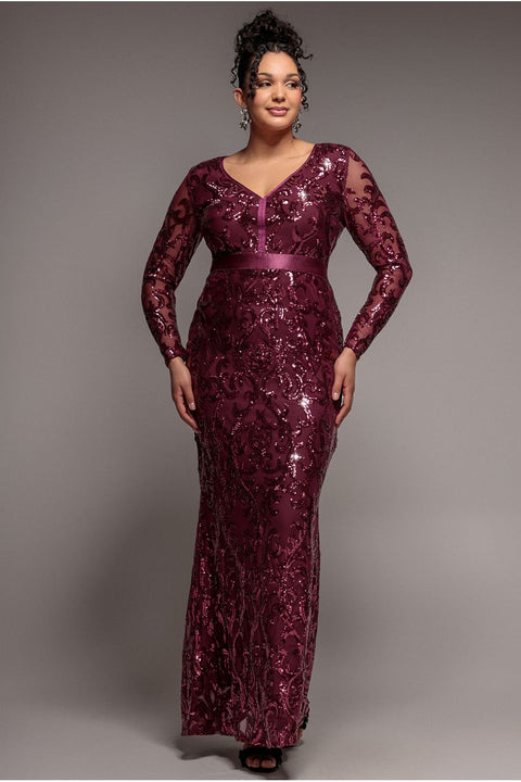 Embroidered Sequin & Mesh Maxi Dress - Burgundy by Goddiva Plus