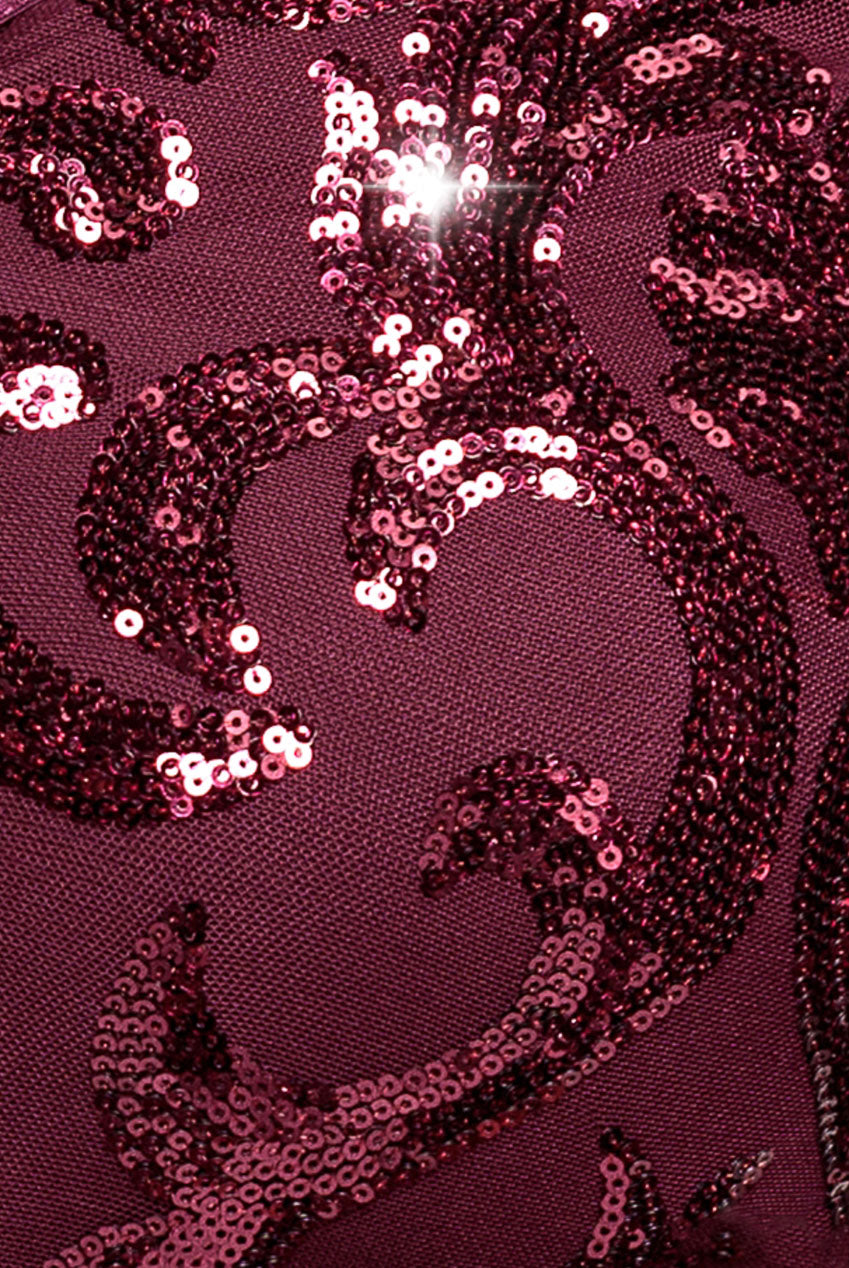 Embroidered Sequin & Mesh Maxi Dress - Burgundy | Goddiva