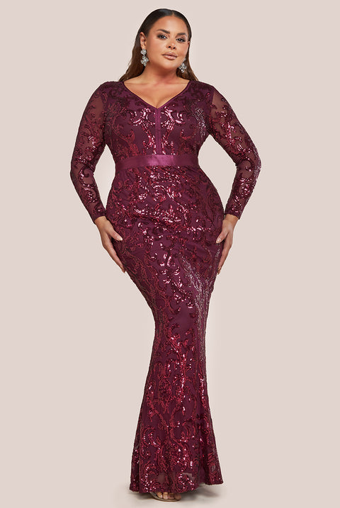 Embroidered Sequin & Mesh Maxi Dress - Burgundy DR2558PLUS