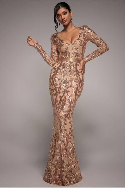 Champagne - Embroidered Sequin & Mesh Maxi Dress - Champagne by Goddiva