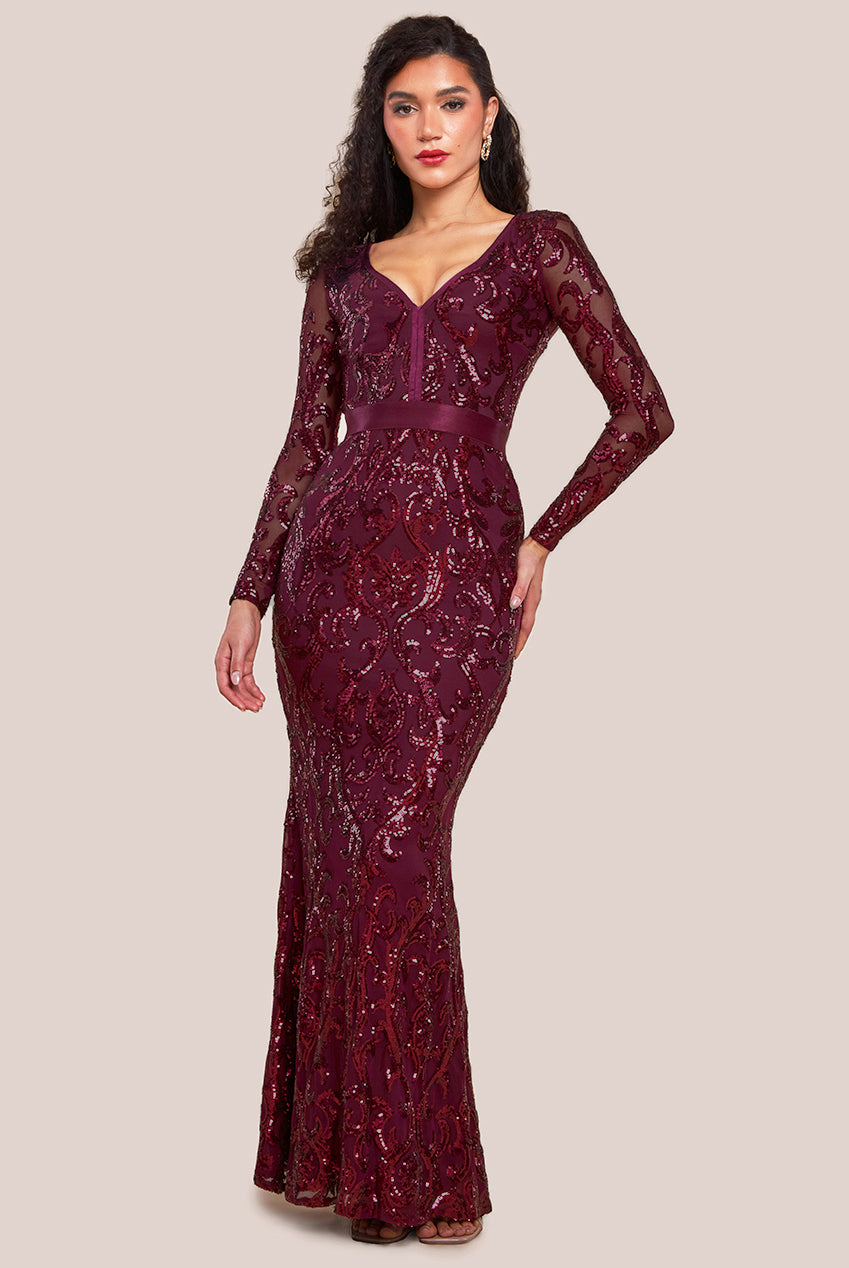 Embroidered Sequin & Mesh Maxi Dress - Burgundy DR2558