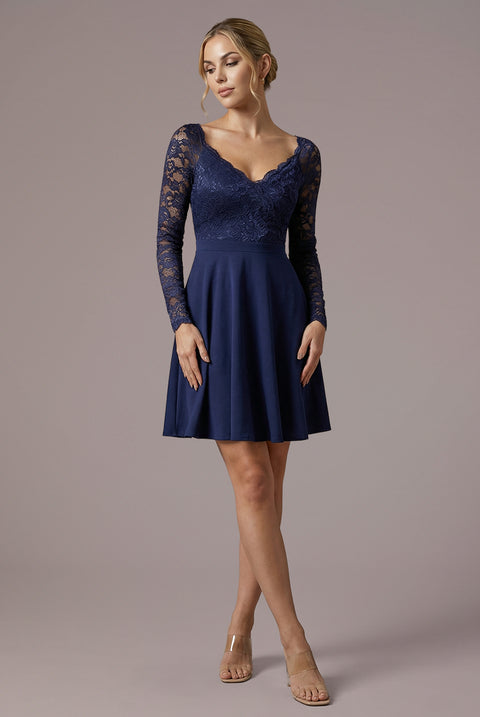 Off The Shoulder Lace Skater Mini Dress - Navy Blue by Goddiva