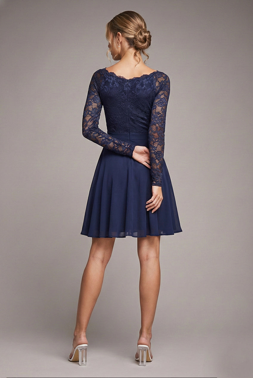 Off The Shoulder Lace Skater Mini Dress - Navy Blue DR2563C