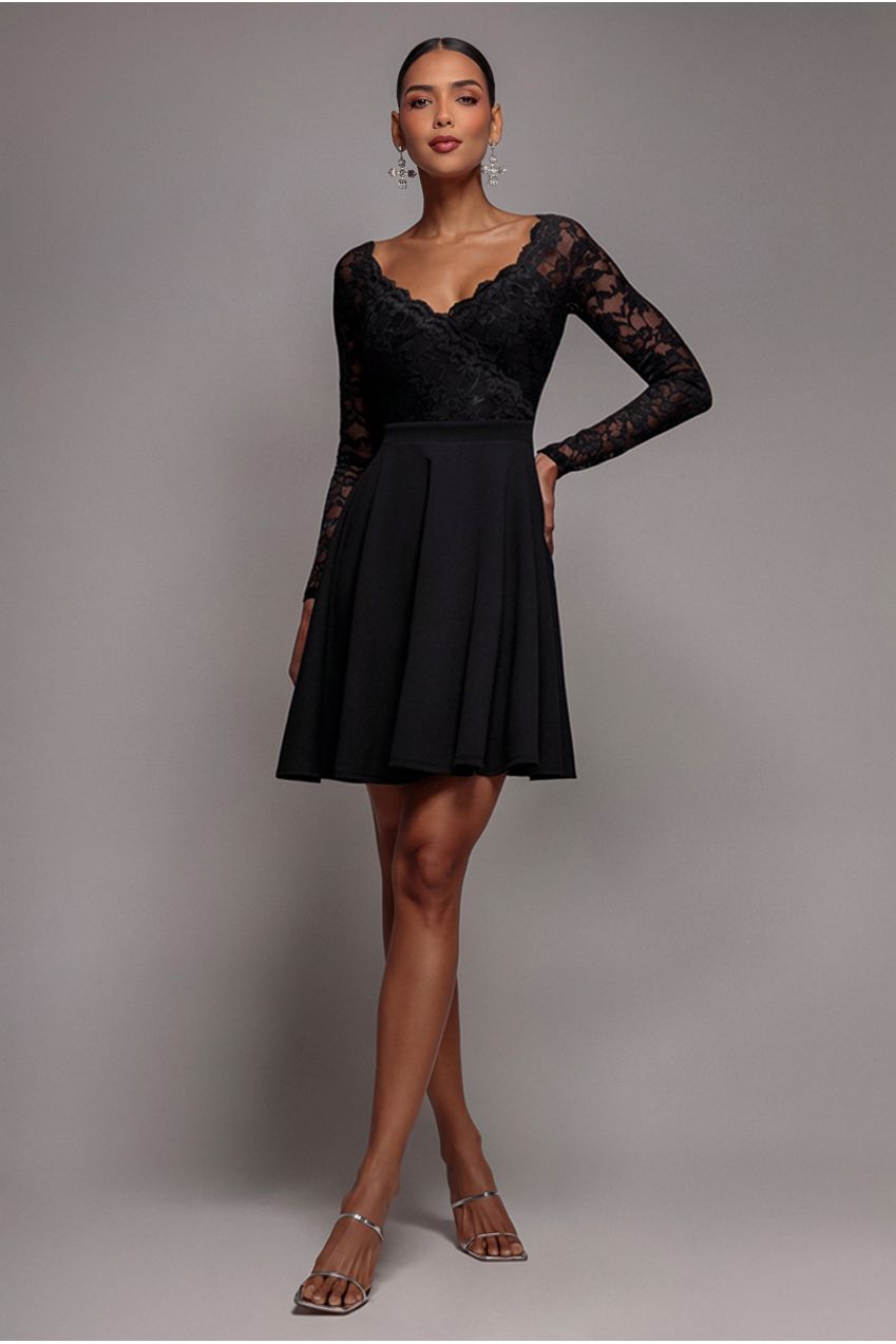 Off The Shoulder Lace Skater Mini Dress - Black DR2563C