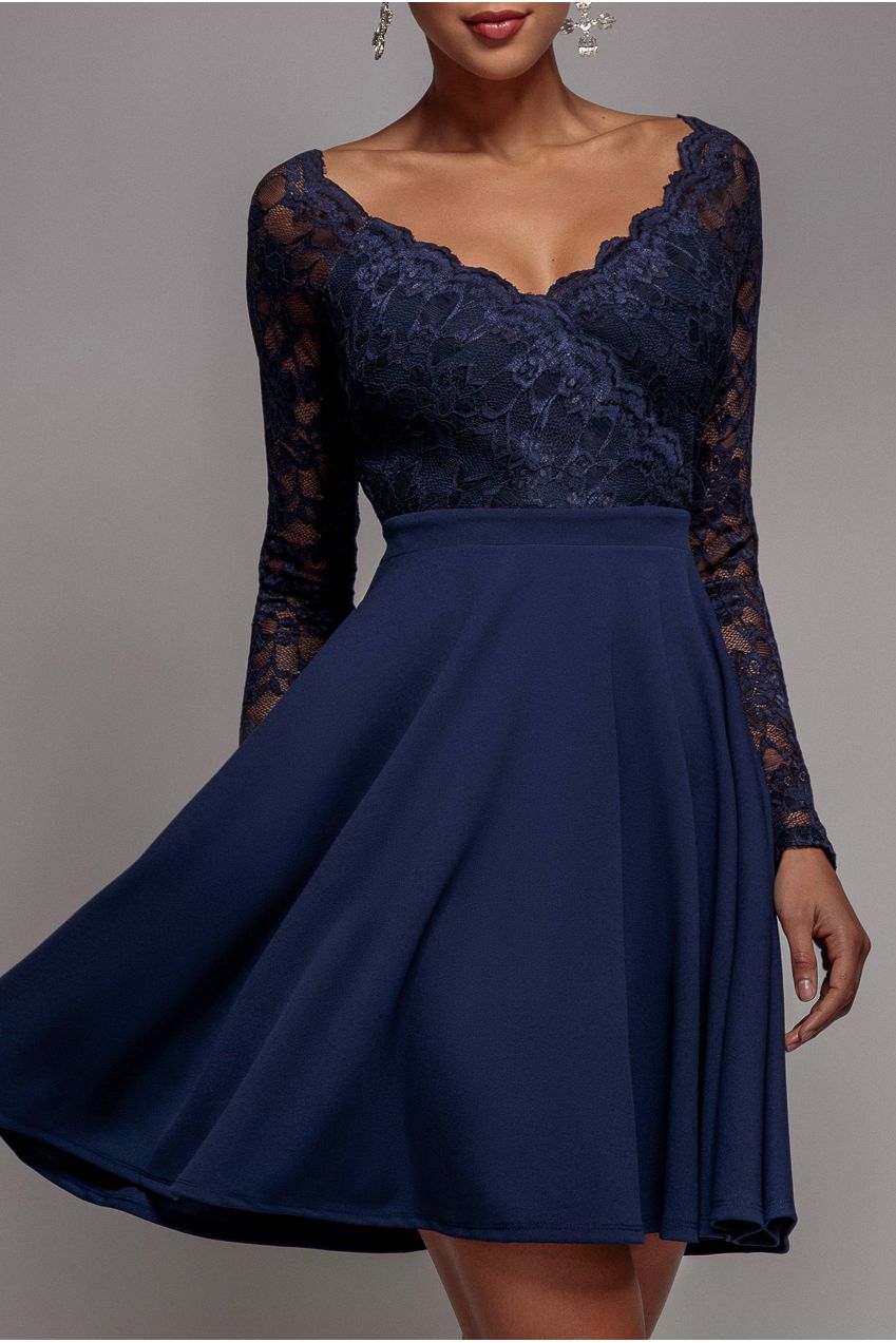 Off The Shoulder Lace Skater Mini Dress - Navy Blue | Goddiva Off The Shoulder Lace Skater Mini Dress - Navy Blue | Goddiva
