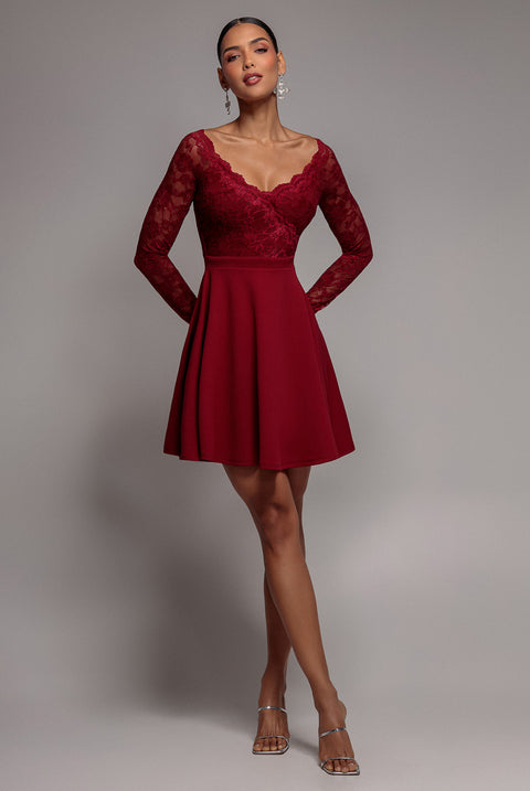 Off The Shoulder Lace Skater Mini Dress - Wine by Goddiva