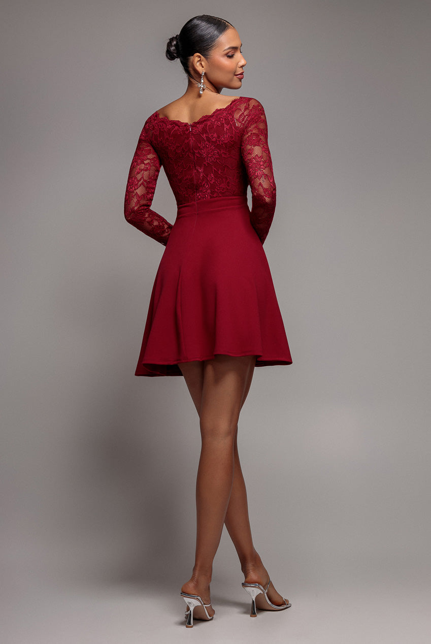 Off The Shoulder Lace Skater Mini Dress - Wine DR2563C