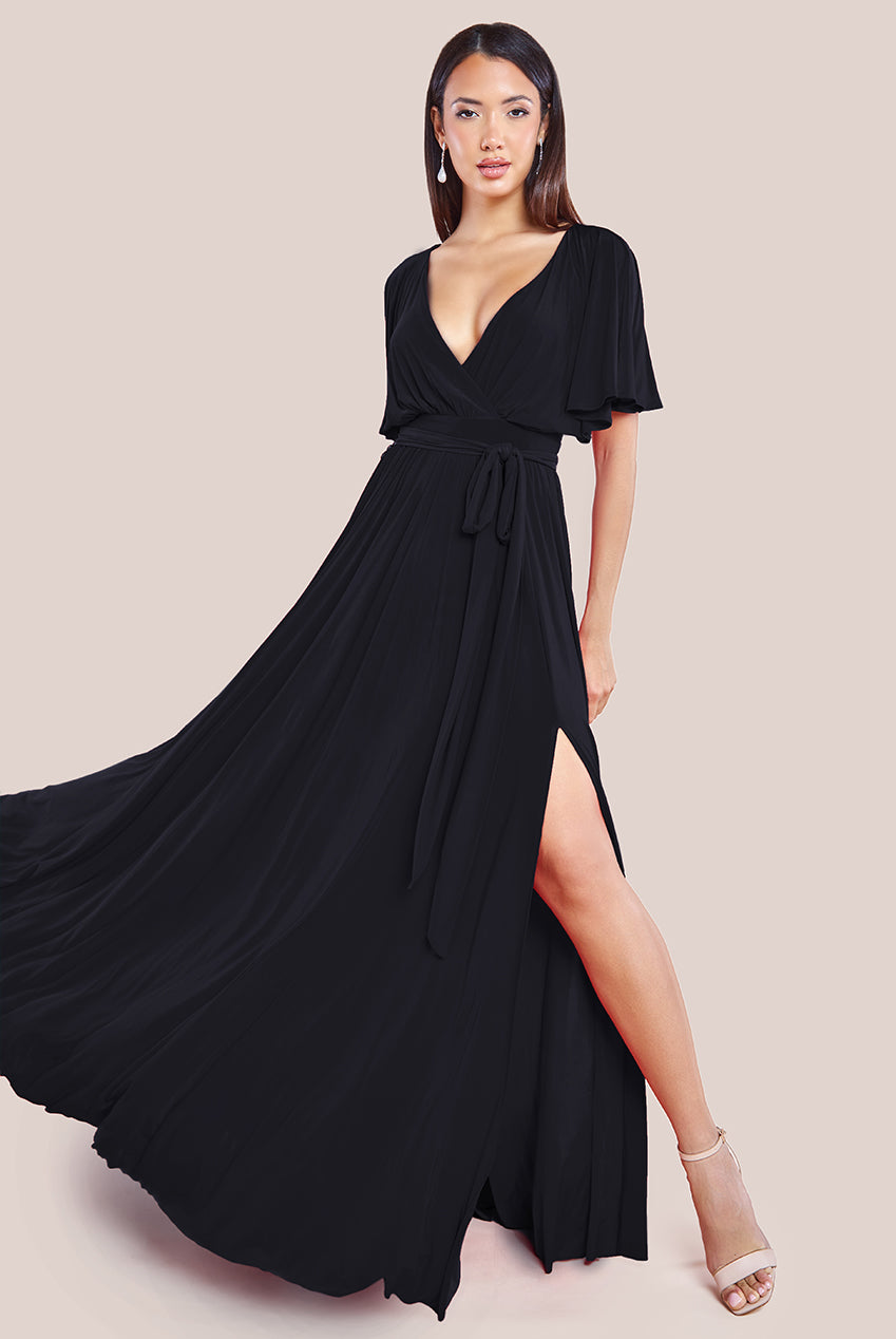 Wrap Front Maxi With Flutter Sleeves - Black DR2565