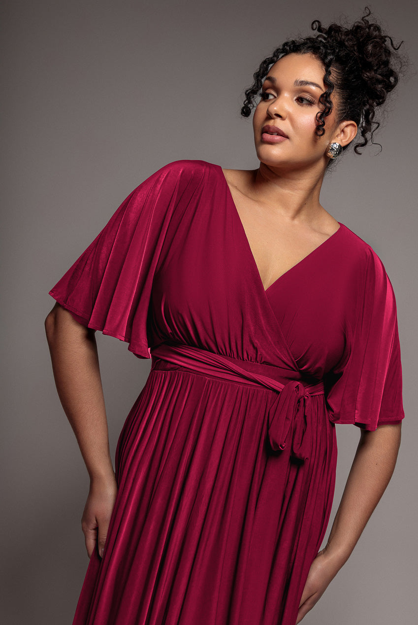 Wrap Front Maxi With Flutter Sleeves - Berry DR2565P