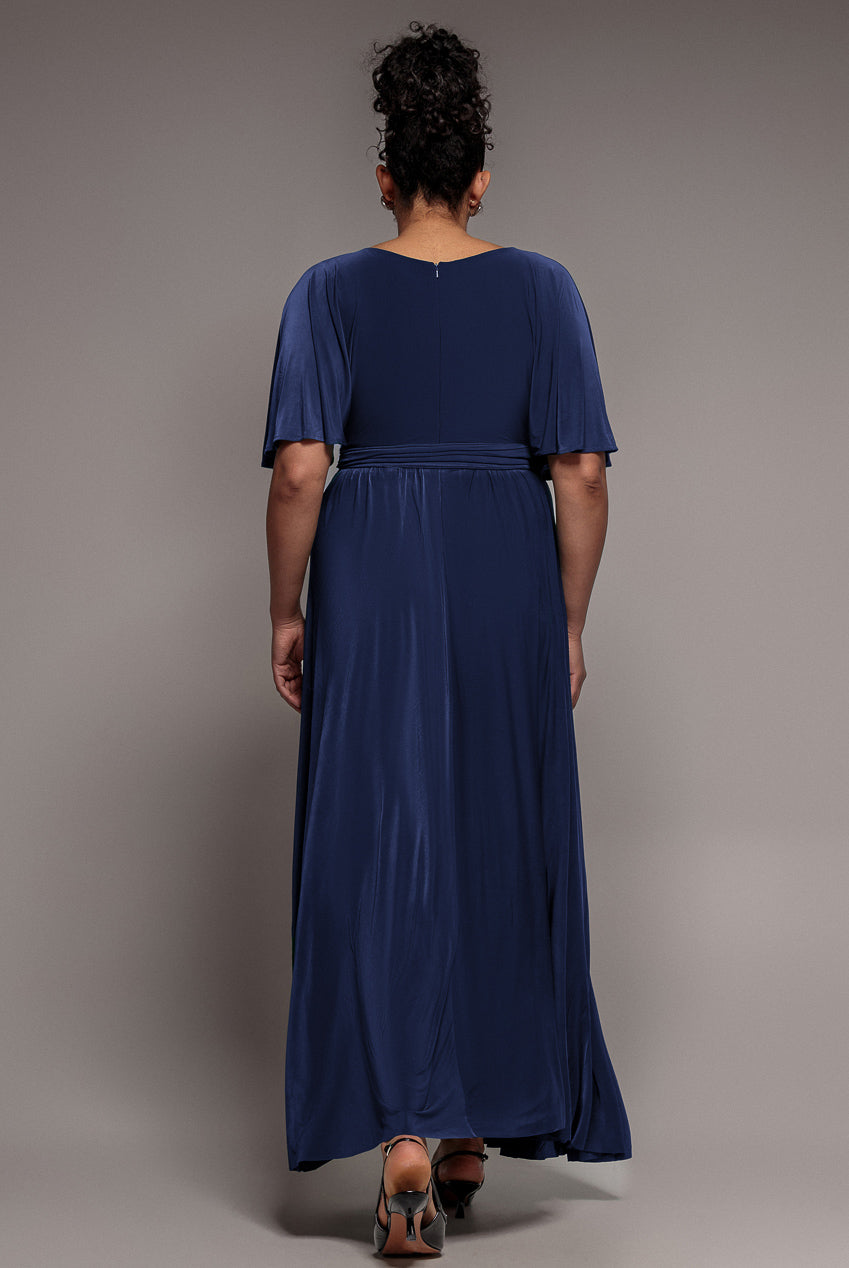 Wrap Front Maxi With Flutter Sleeves - Navy Blue DR2565P