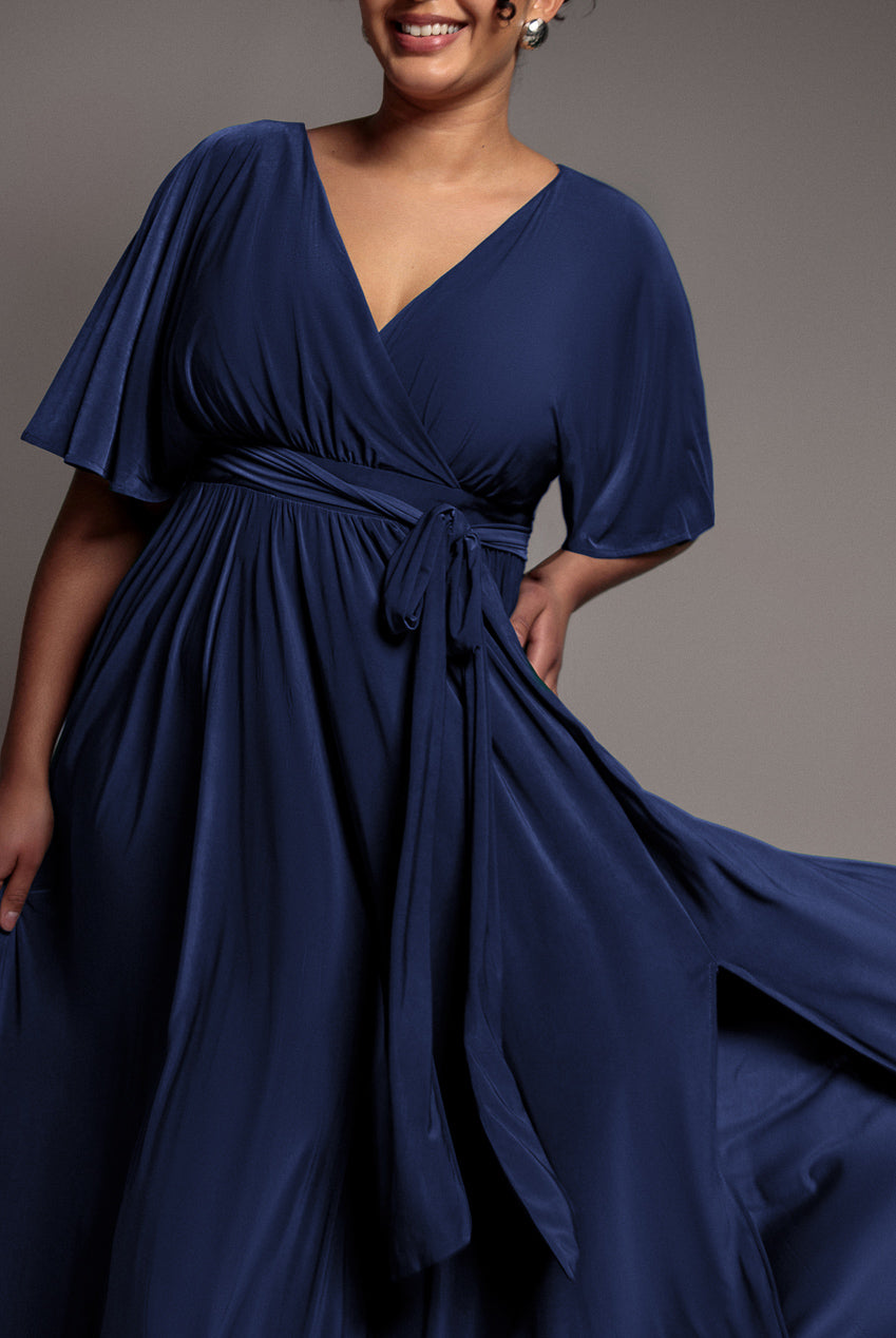 Wrap Front Maxi With Flutter Sleeves - Navy Blue DR2565P
