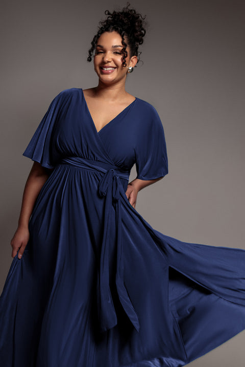 Wrap Front Maxi With Flutter Sleeves - Navy Blue by Goddiva Plus