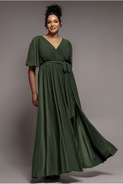 Wrap Front Maxi With Flutter Sleeves - Olive Green by Goddiva Plus