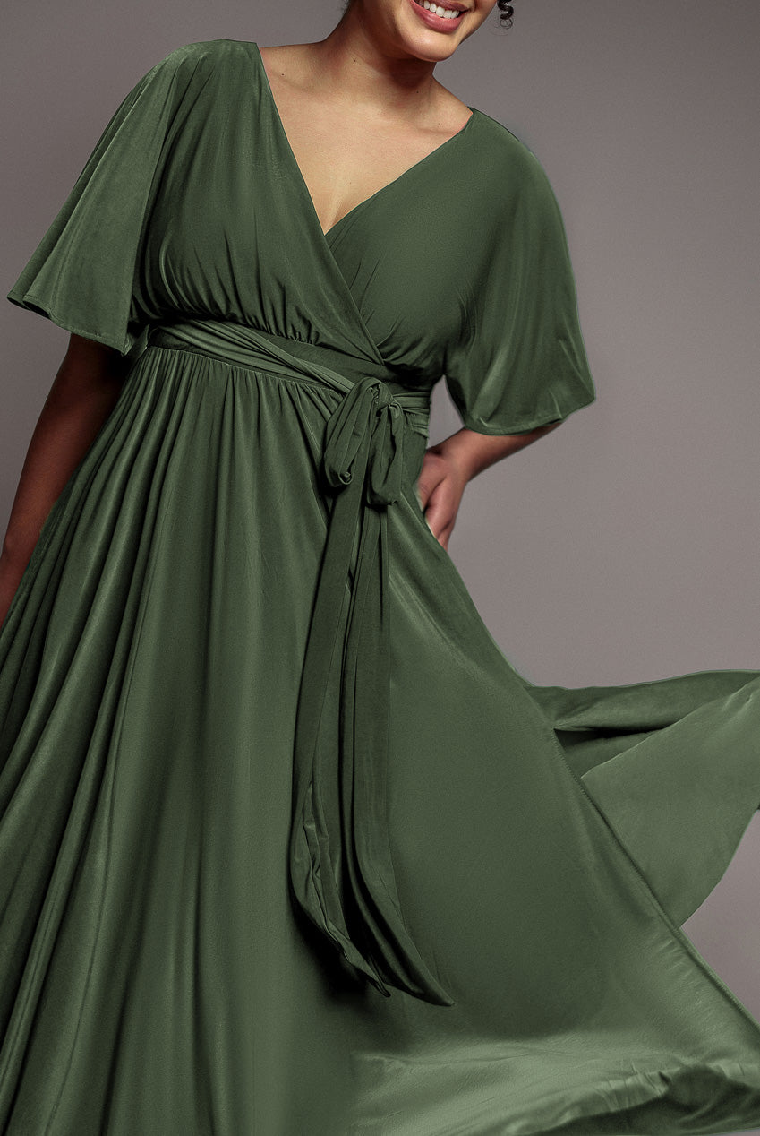 Wrap Front Maxi With Flutter Sleeves - Olive Green DR2565P