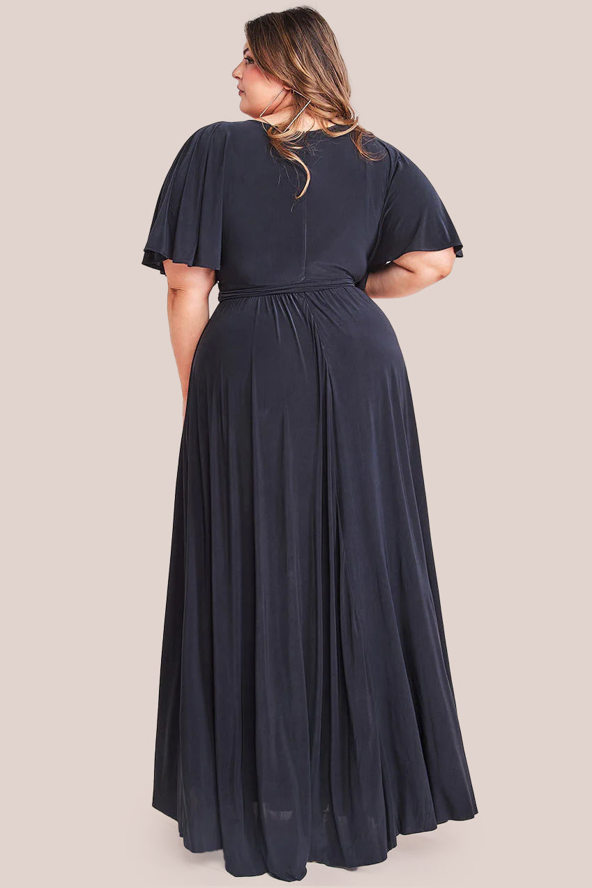 Plus Wrap Front Maxi With Flutter Sleeves - Black DR2565P