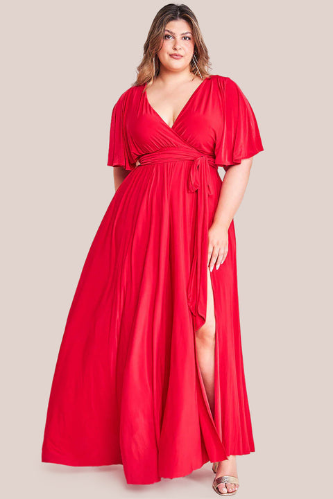 Plus Wrap Front Maxi With Flutter Sleeves - Red DR2565P