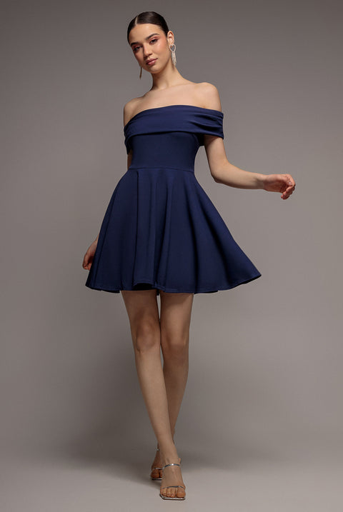 Strapless Crepe Skater Mini Dress - Navy Blue by Goddiva