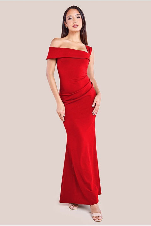 Off The Shoulder Pleated Waist Maxi Dress - Red by Goddiva