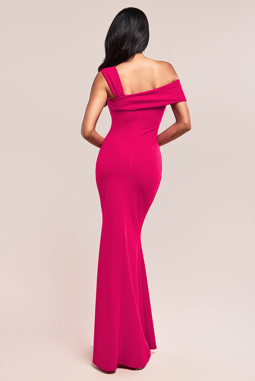 Off The Shoulder Pleated Waist Maxi Dress - Hot Pink DR2594G