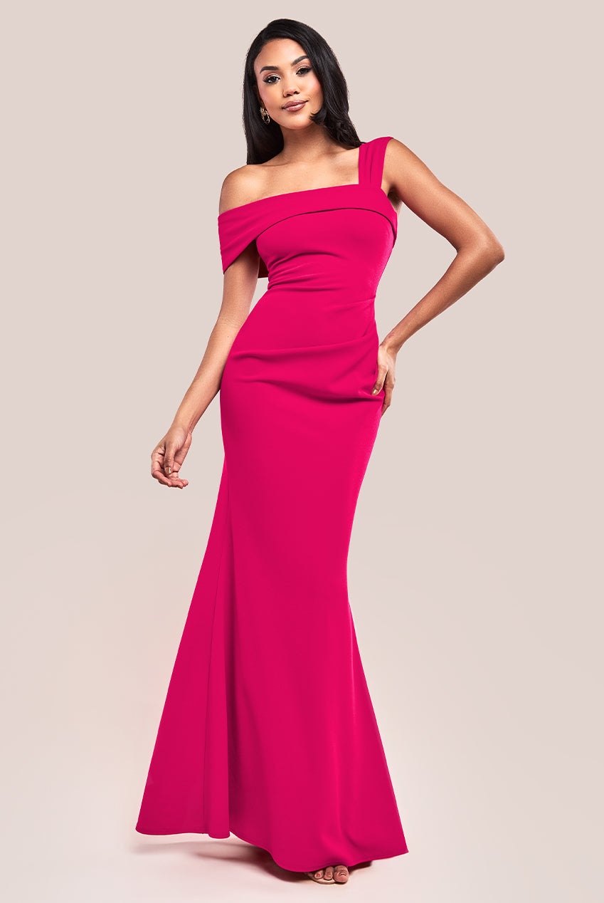 Off The Shoulder Pleated Waist Maxi Dress - Hot Pink DR2594G