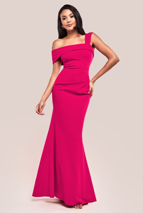 Off The Shoulder Pleated Waist Maxi Dress - Hot Pink DR2594G