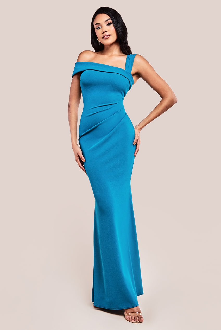 Off The Shoulder Pleated Waist Maxi Dress - Teal Blue DR2594G