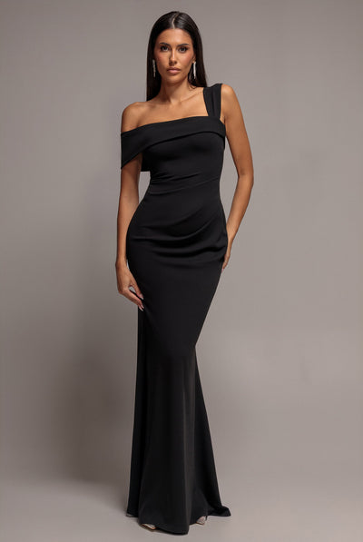 Off The Shoulder Pleated Waist Maxi Dress - Black by Goddiva