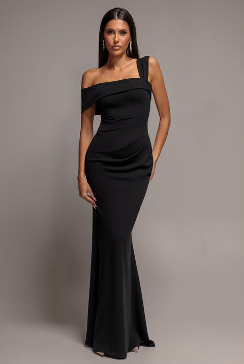 Off The Shoulder Pleated Waist Maxi Dress - Black by Goddiva