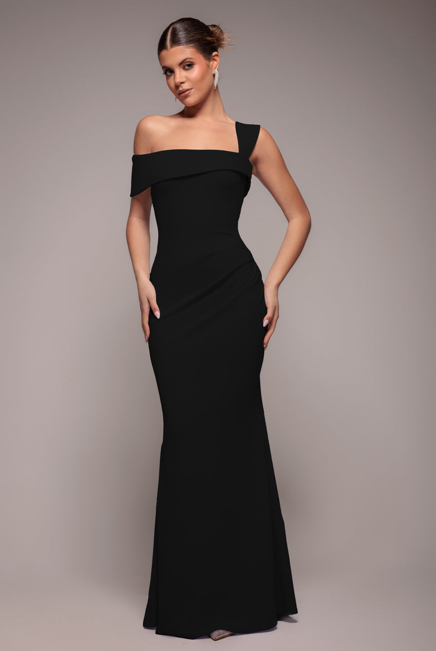 Off The Shoulder Pleated Waist Maxi Dress - Black DR2594