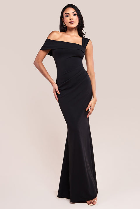 Off The Shoulder Pleated Waist Maxi Dress - Black DR2594G