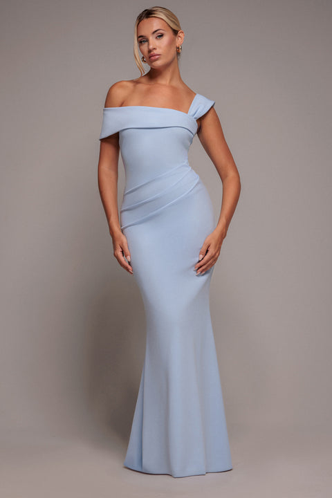 Off The Shoulder Pleated Waist Maxi Dress - Blue by Goddiva