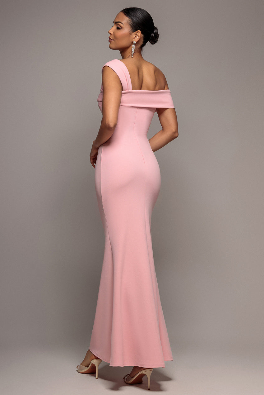 Off The Shoulder Pleated Waist Maxi Dress - Blush Pink DR2594