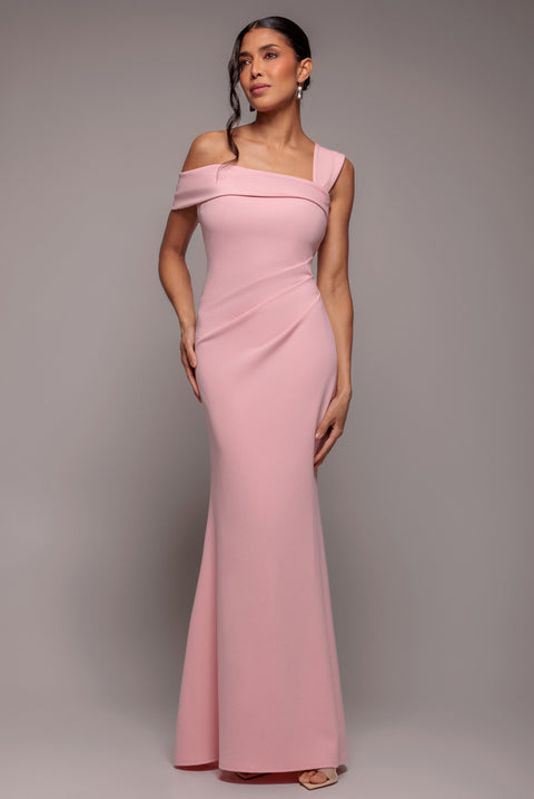 Off The Shoulder Pleated Waist Maxi Dress - Blush Pink by Goddiva