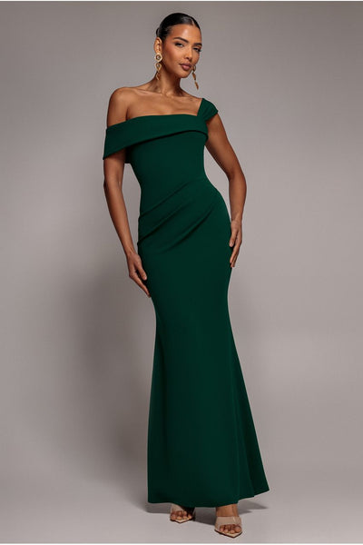 Emerald - Off The Shoulder Pleated Waist Maxi Dress - Emerald Green by Goddiva