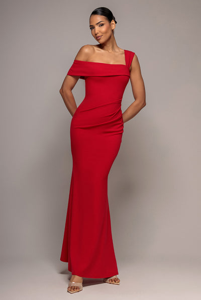 Off The Shoulder Pleated Waist Maxi Dress - Red by Goddiva
