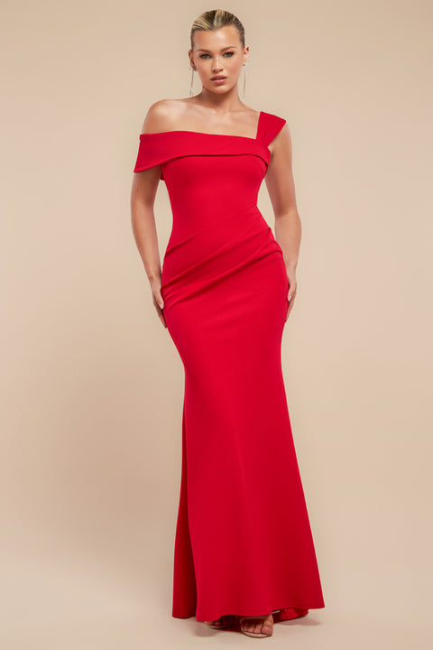 Off The Shoulder Pleated Waist Maxi Dress - Red by Goddiva