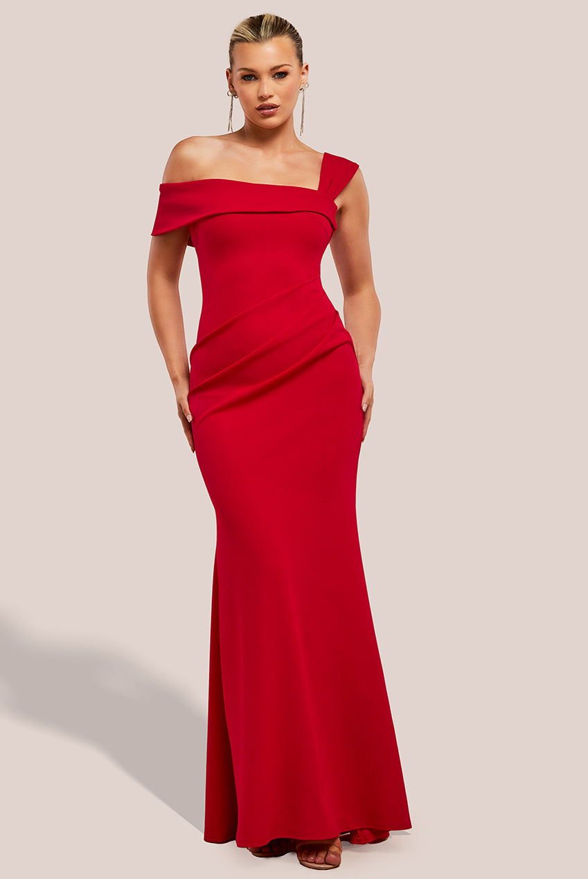 Off The Shoulder Pleated Waist Maxi Dress - Red DR2594