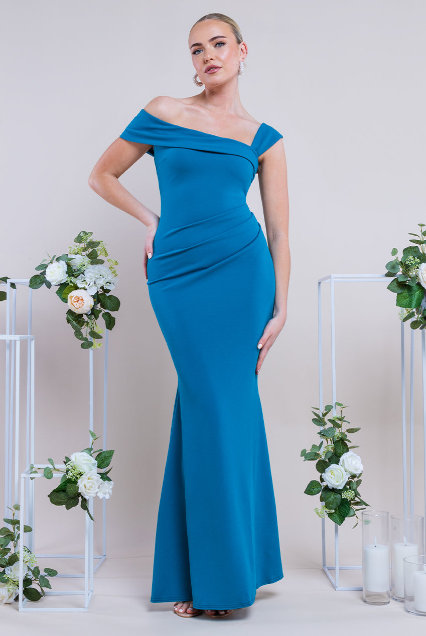 Off The Shoulder Pleated Waist Maxi Dress - Teal Blue DR2594G