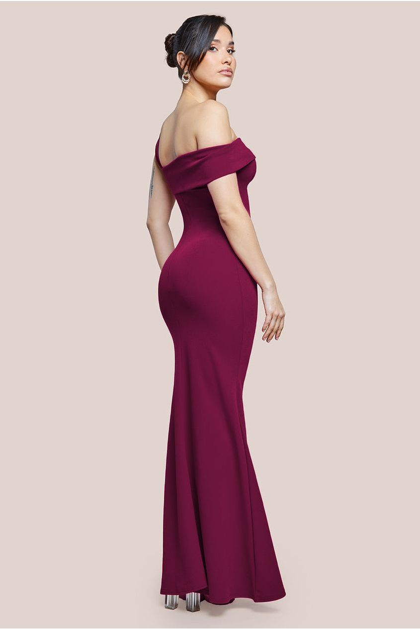 Off The Shoulder Pleated Waist Maxi Dress - Berry DR2594