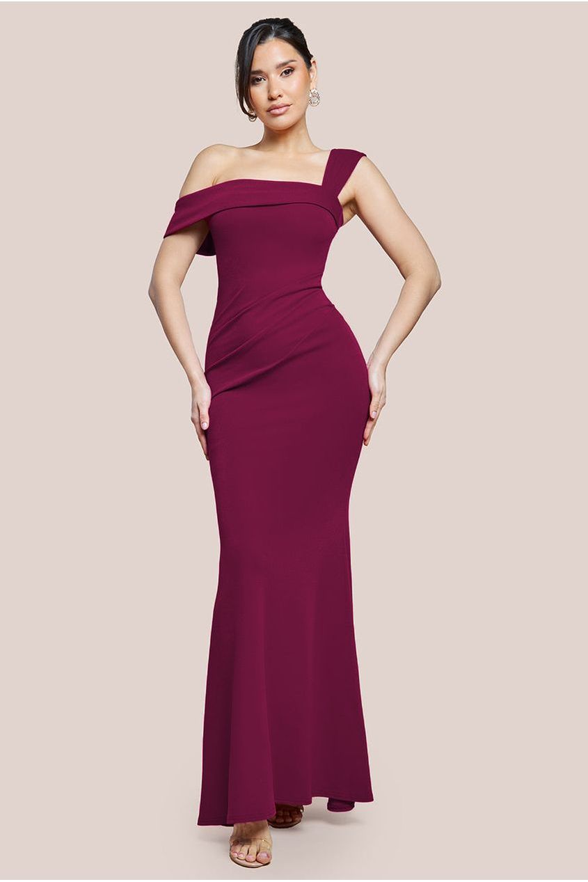 Off The Shoulder Pleated Waist Maxi Dress - Berry DR2594