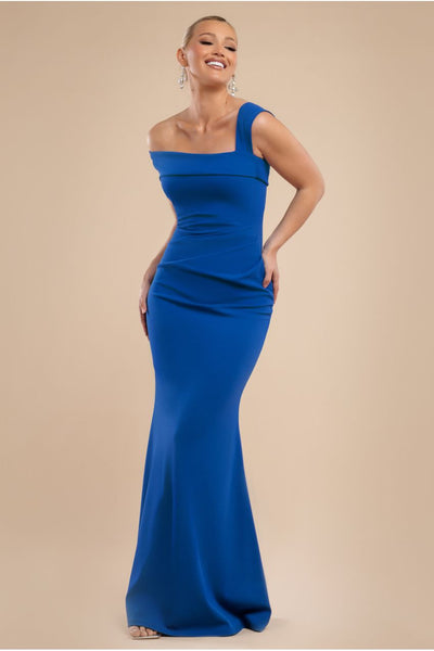 Royal Blue - Off Shoulder Asymmetric Pleated Waist Maxi Dress - Royalblue by Goddiva