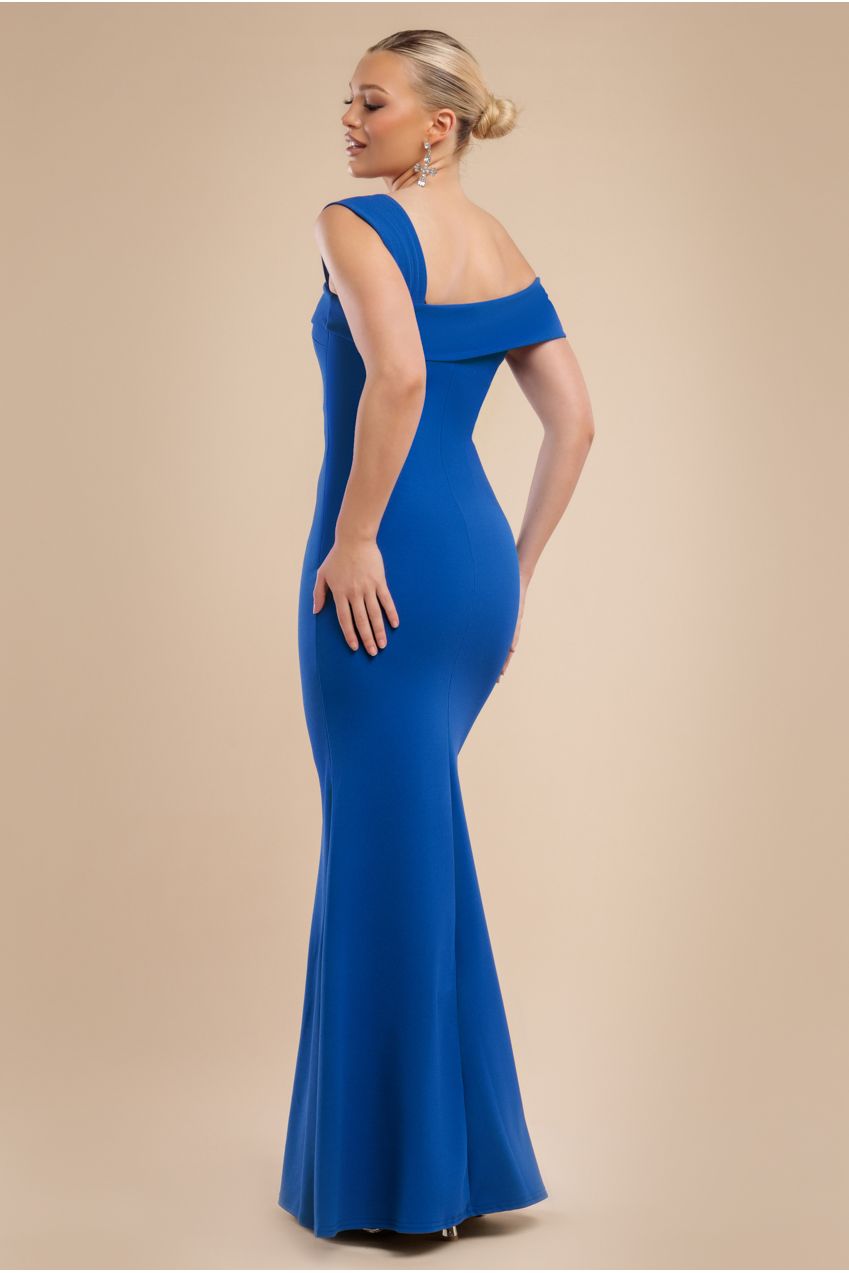 Off Shoulder Asymmetric Pleated Waist Maxi Dress - Royalblue DR2594SC