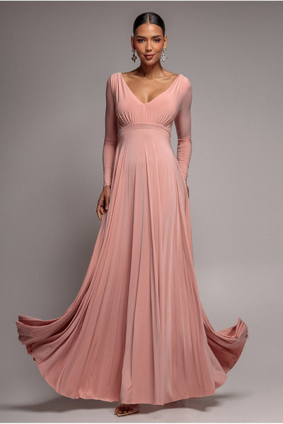 Plunge Neck Long Sleeve A Line Maxi Dress - Blush Pink by Goddiva