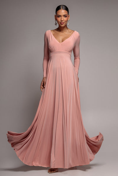 Blush - Plunge Neck Long Sleeve A Line Maxi Dress - Blush Pink by Goddiva