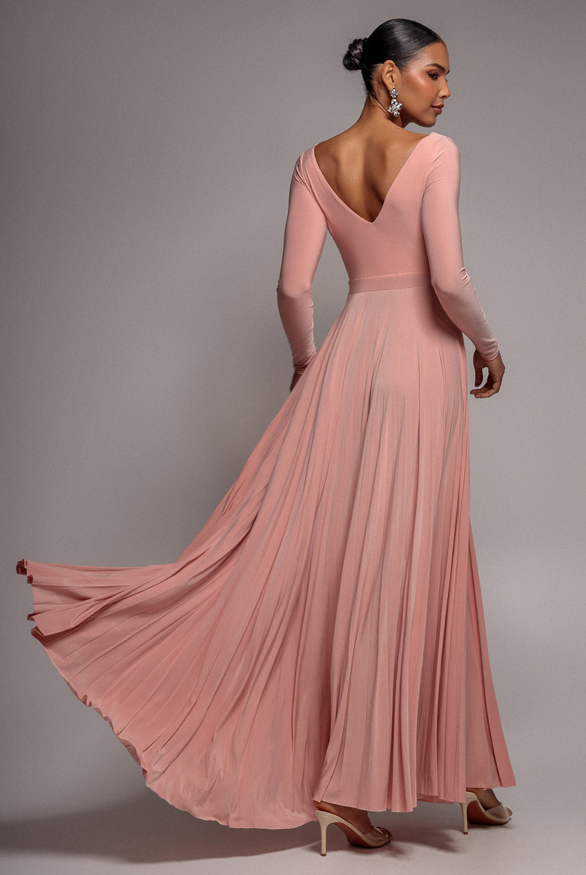 Plunge Neck Long Sleeve A Line Maxi Dress - Blush Pink DR2608