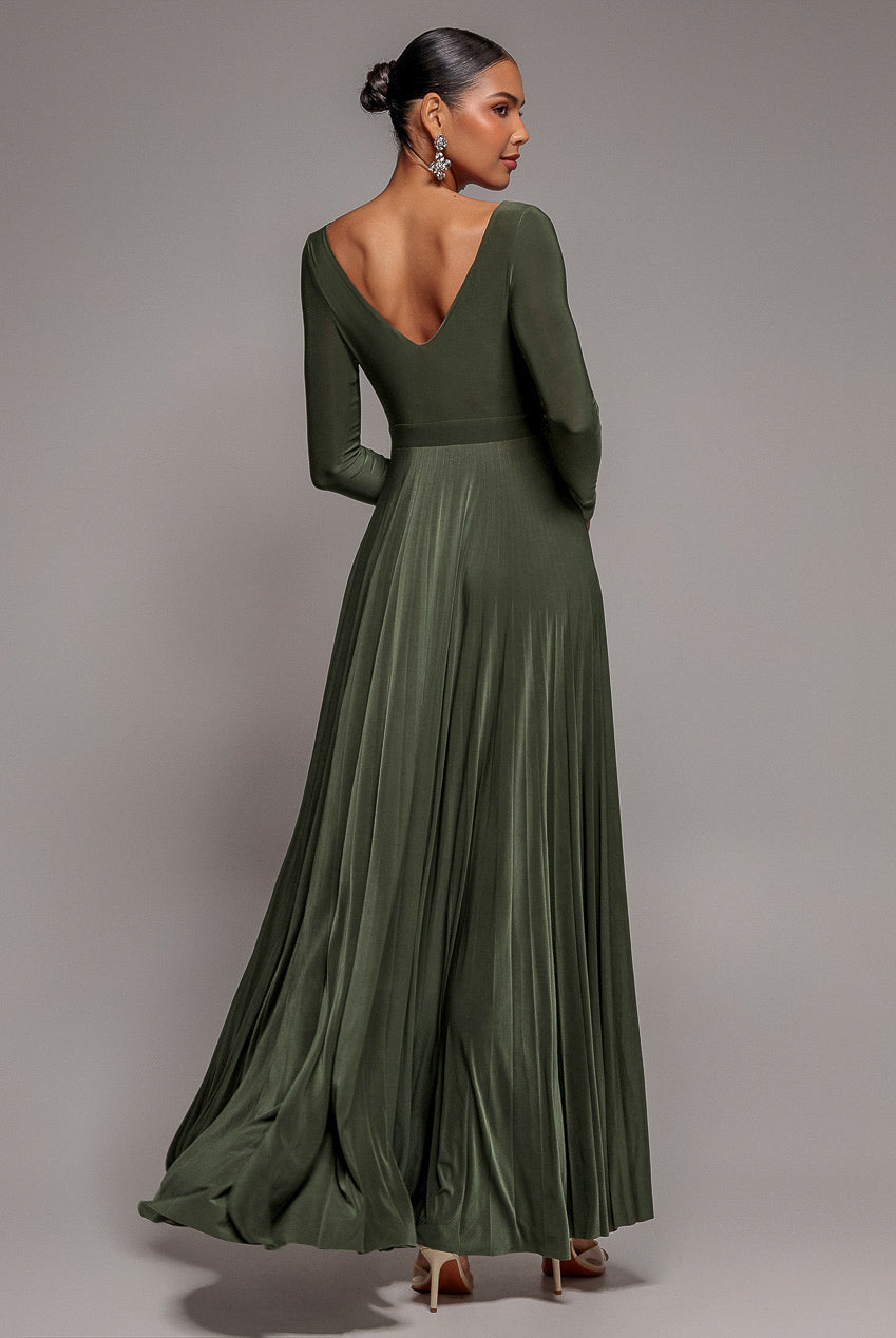 Plunge Neck Long Sleeve A-line Maxi Dress - Olive Green DR2608