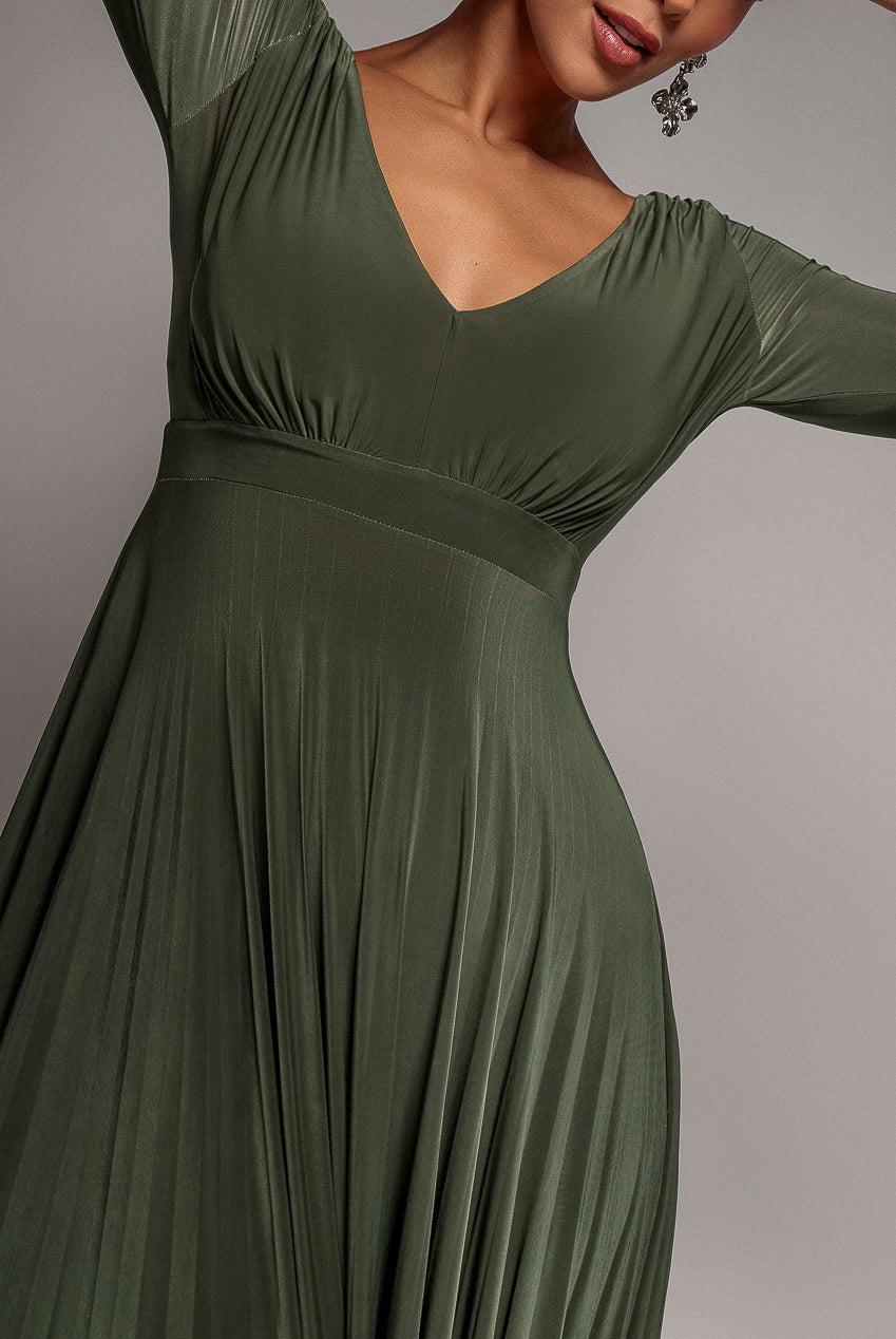 Plunge Neck Long Sleeve A-line Maxi Dress - Olive Green DR2608