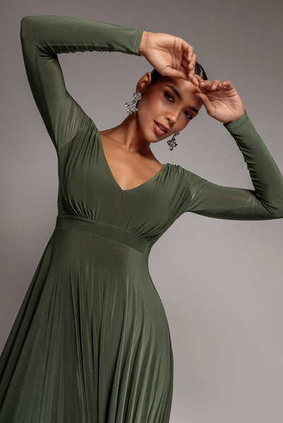 Olive - Plunge Neck Long Sleeve A-line Maxi Dress - Olive Green by Goddiva